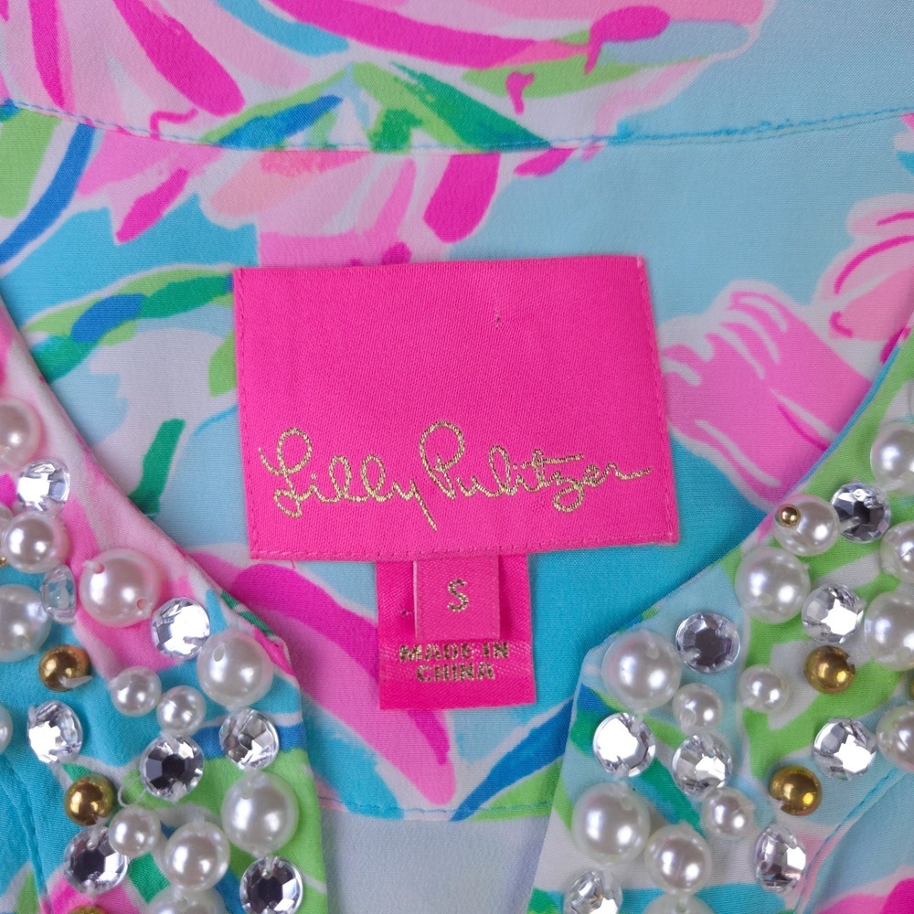 Lily Pulitzer Dress Size Small Elenora Silk Bell Sleeve Beaded Floral Pink Blue - Picture 5 of 9